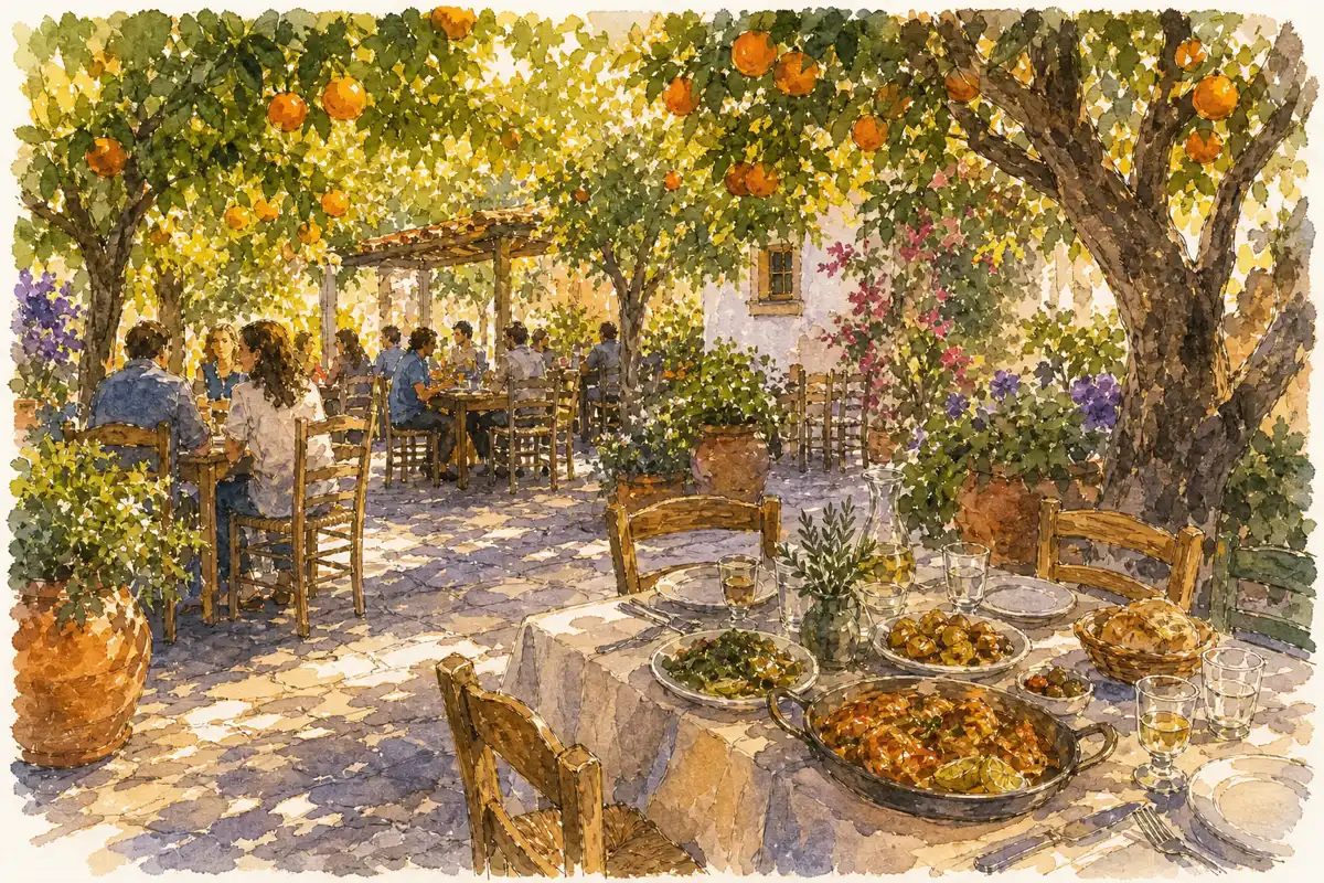 To Kalogerikon — Cooked-food restaurant in an orange grove