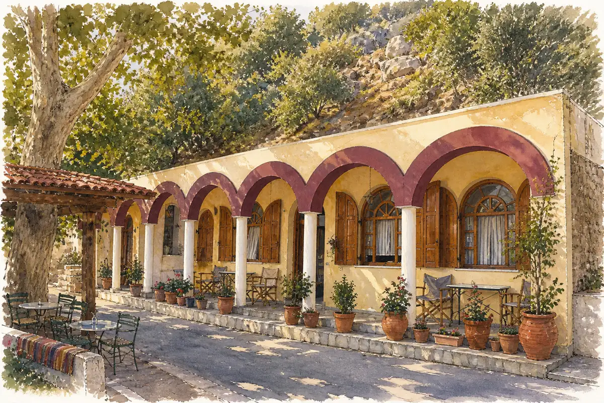 Melistakto — Traditional kafeneio below the monastery
