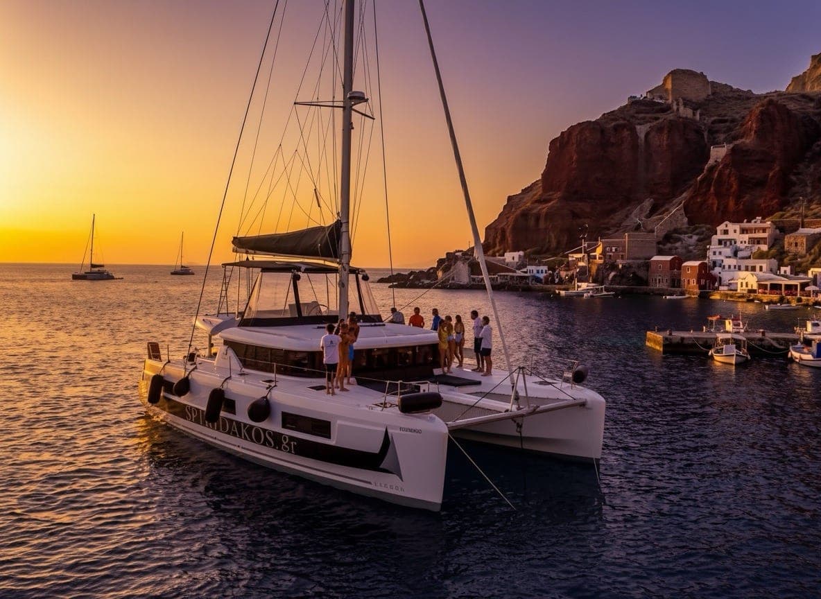 Catamaran Semi-Private Sunset Premium Ammoudi Cruise with BBQ, Open Bar and Transfers — Santorini 1